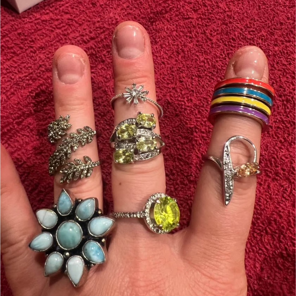 10 rings- turquoise, silver, gemstones.